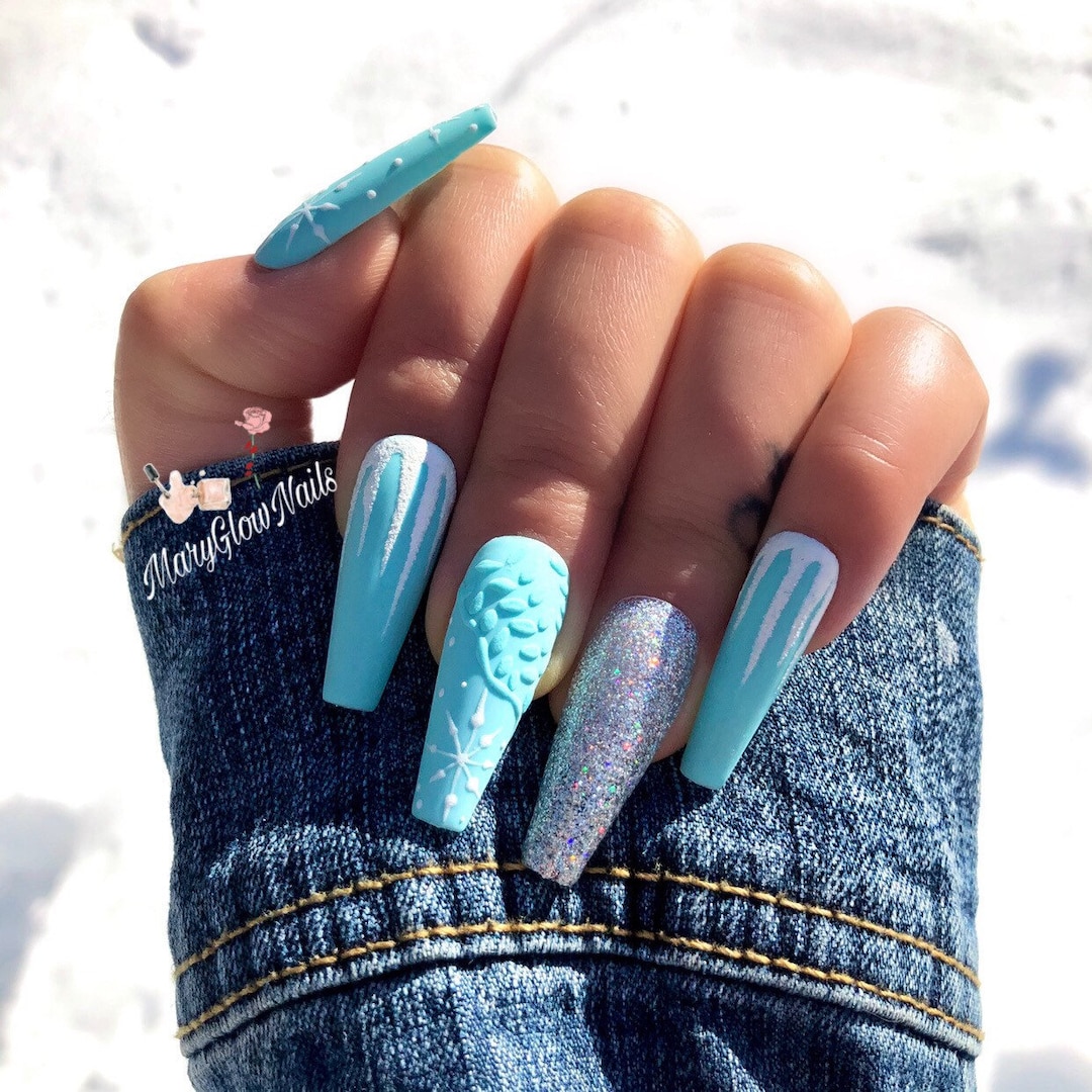 WINTER Wonderland press on Nails Winter Nails Luxury Nails long Coffin Blue Nails Christmas Nails Etsy