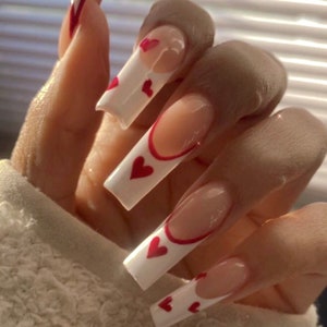 MIRLETH-Press on nails-French nails-white French nails-heart nails-vday nails-square nails-red and white nails-party nails-glue on nails