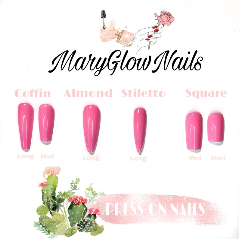 May include: A chart showing different nail shapes and lengths, including coffin, almond, stiletto, and square. The nails are a light pink color and are labeled with their shape and length.