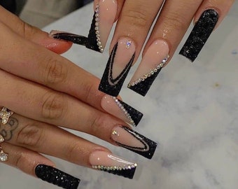 nail designs for black dress LETS GO OUT-Press On nails-luxury nails-party nails-black dress nails-black glitter nails-luxury press on nails-black french nails-long nail
