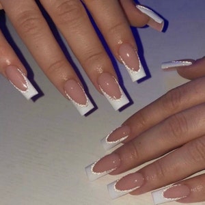 BELLA-Press on nails-luxury nails-glue on nails-French nails-holiday nails-white French tip nails-white nails-glitter nails