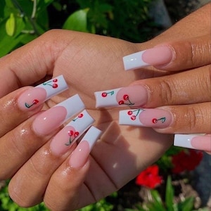 FRENCH CHERRY- Press on nails- cherry nails-nail Art-glue on nails- luxury nails-fancy nails--professional nails-gel nails