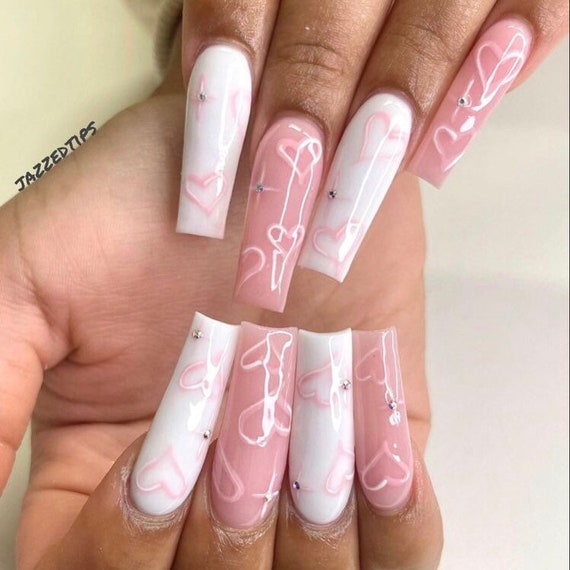 42 Cute Valentine's Day Nails for 2022 : Acrylic Pink Heart Nails