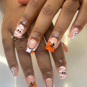 Ghost and pumpkins Press on nails-luxury nails-Halloween nails-nail art-short long nails-glue on nails-fall nails-Halloween nails-mummy nail