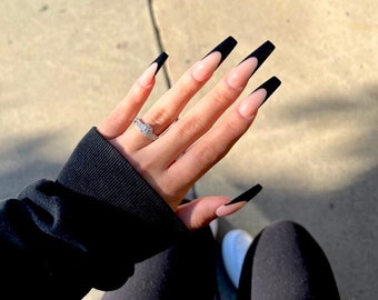 BLACK FRENCH -Press on nails-French nails-fancy nails-luxury nails-long short nails-nails done-glue on nails-Free shipping nails-gel nails