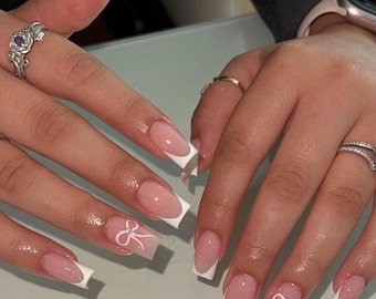 White French Press on nails-luxury nails-white and bows nails-nail art-nails with bows-short long nails-glue on nails-aesthetic nails-French