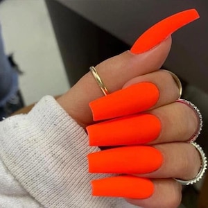 ORANGE NEON-Press On Nails - Glue On Fake Nails Luxury, Neon Nails, long square nails, summer nails, neon nails, orange nails