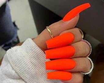 ORANGE NEON-Press On Nails - Glue On Fake Nails Luxury, Neon Nails, long square nails, summer nails, neon nails, orange nails