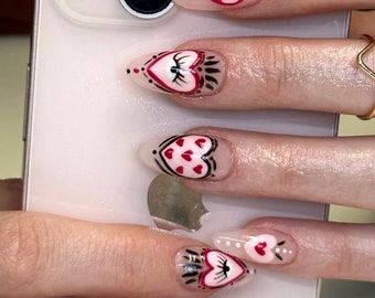 Press on nails-luxury nails-vday nails-valentines day press on nails-almond nails- press on nails for valentines-heart nails-heart press ons