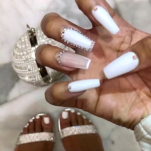 CLARA-press on nails-white nails-luxury nails-glue on nails-rhinestones nails-medium long nails-fake nails-white short nails