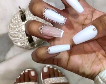 CLARA-press on nails-white nails-luxury nails-glue on nails-rhinestones nails-medium long nails-fake nails-white short nails