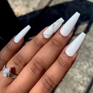 CLASSY GIRL- press ons- white nails- coffin nails- marble nails-luxury nails-reusable nails-gel nail extensions- one color nails