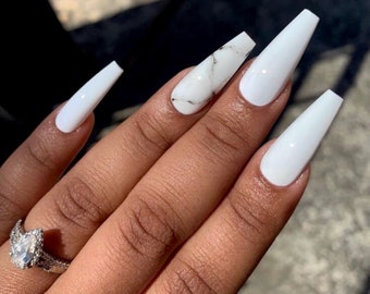 CLASSY GIRL- press ons- white nails- coffin nails- marble nails-luxury nails-reusable nails-gel nail extensions- one color nails