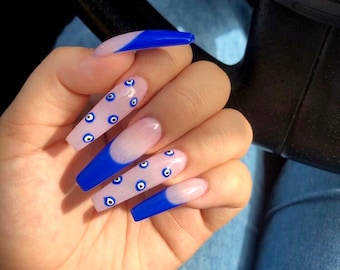 PROTECTIONNN-Press on nails-evil eye nails- long square  nails-glue on nails-luxury nails-blue nails-nail Art nails-hand painted nails