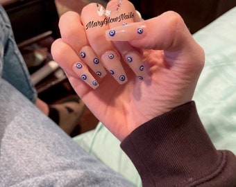 EVILL EYEE- Press on nails-evil eye nails- nail art- glue on nails- long short nails- luxury nails- neutral nails-hand painted nails