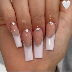 Press on nails-luxury nails-white nails-white french nails-aesthetic french nails-long square nails-medium short nails-glue on nails