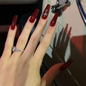 GODDESS -Press on nails-cross charm-dark color nails-long short nails-luxury nails-burgundy color nails-glue in nails