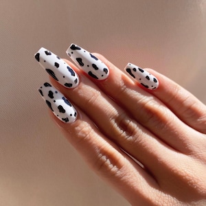 Press on nails-cow print nails-nail art-glue on nails-luxury nails-reusable nails-gel nails-white nails-short nails, white and black nails