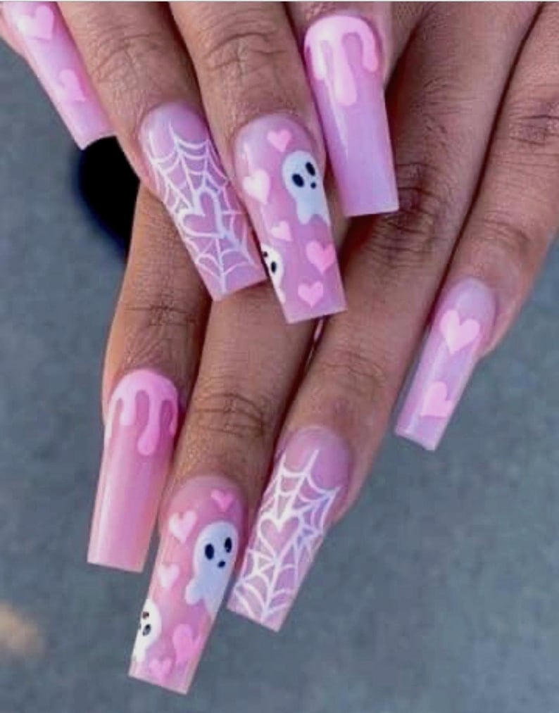 PINK Boo-press in Nails-luxury Nails-boho Nails-nail Art-handmade Nails ...