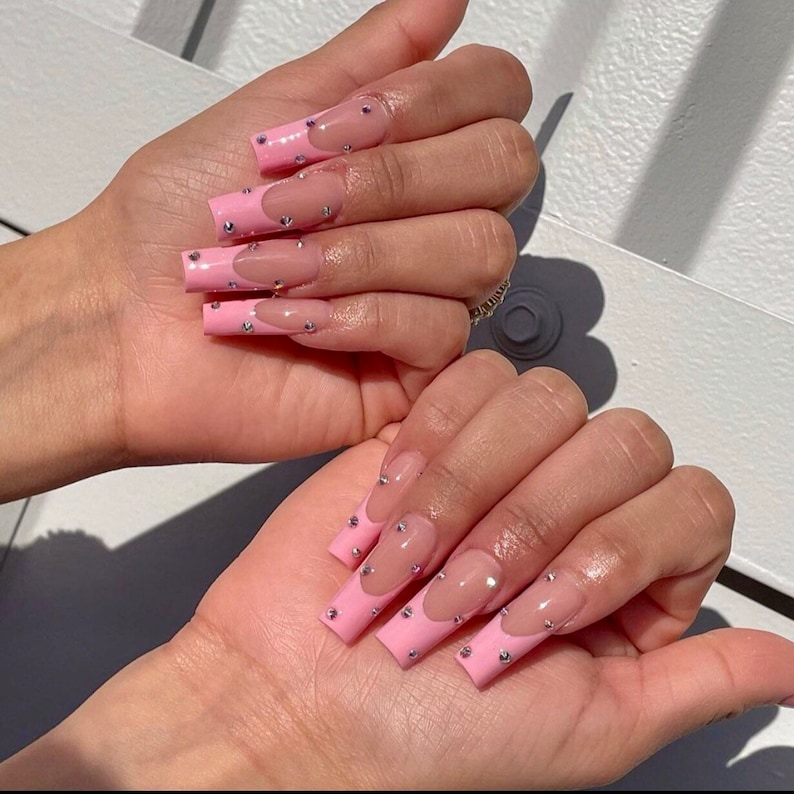 FRENCH POP- Press on nails-French nails- pink nails- trendy nails-aesthetic nails- rhinestones nails- long short nails-square nails -glue on image 1