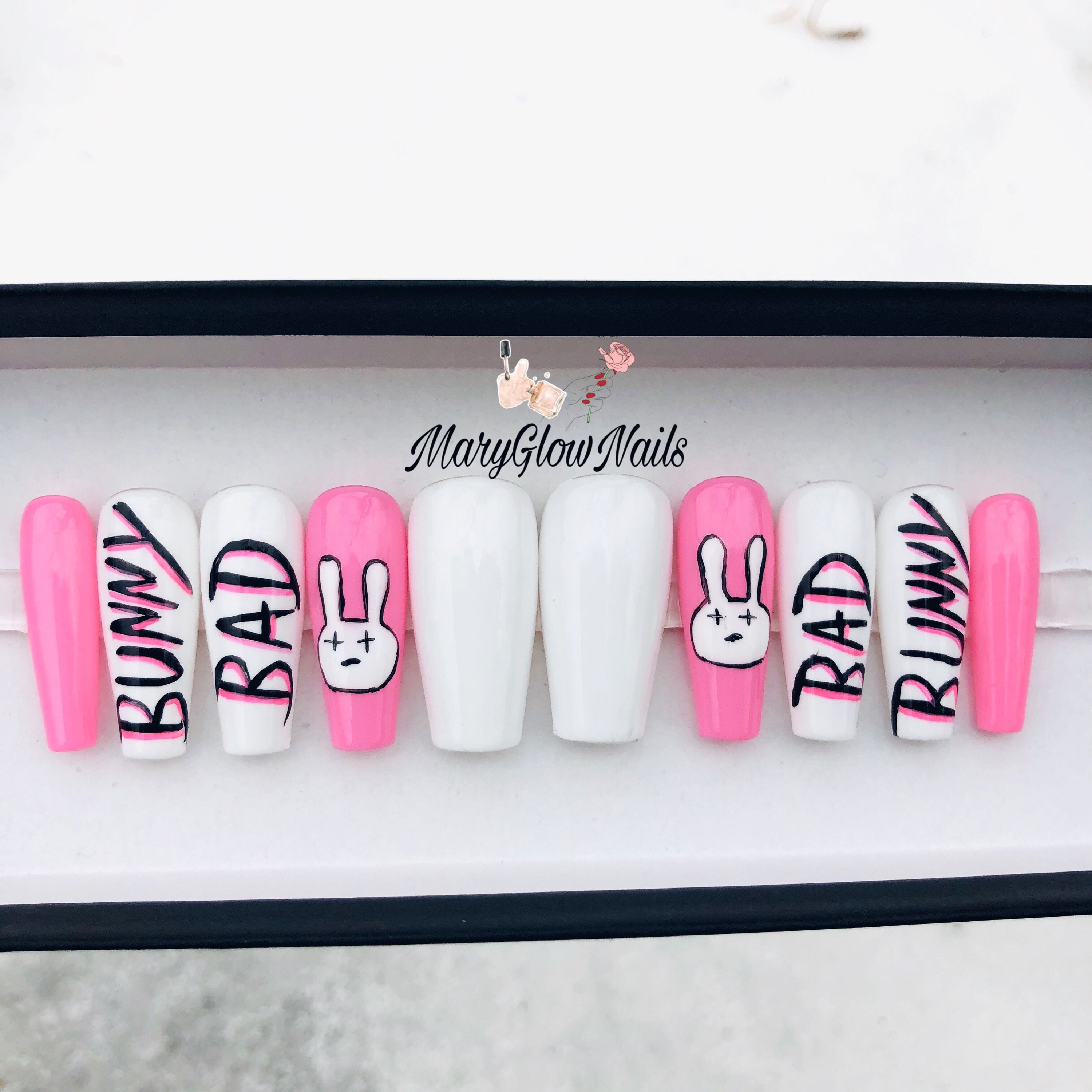 Pink BAD BUNNY Press On Nails Glue On Fake Nails Bad bunny | Etsy