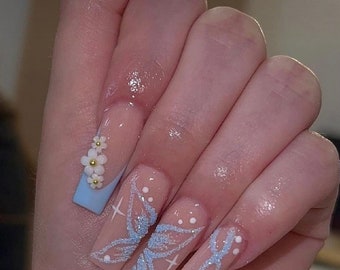 BLUE BUTTERFLY-Press on nails-luxury nails-butterflies nails-nail art-nails-short long nails-glue on nails-aesthetic nails