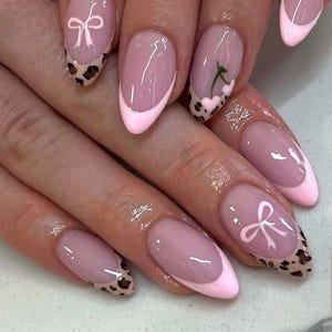 Leopard Bow Press on nails-luxury nails-pink nails-nail art leopard print-short long nails-glue on nails-aesthetic nails pretty bow nails