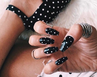 POLKA DOTS- Press on nails-black nails- gel nail extensions- luxury nails- glue on nails- polka dot nails- coffin square nails- short nails