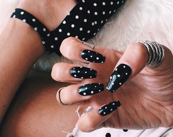 POLKA DOTS- Press on nails-black nails- gel nail extensions- luxury nails- glue on nails- polka dot nails- coffin square nails- short nails