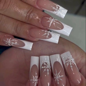 White french nails, Press on nails-luxury nails, glue on nails, aesthetic nails, glitter nails, square nails, long short nails
