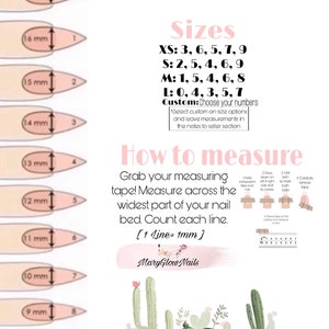May include: A sizing guide for artificial nails, with a chart showing different nail sizes in millimeters and corresponding sizes labeled XS, S, M, L, and Custom. The guide also includes instructions on how to measure your nail bed using a measuring tape.