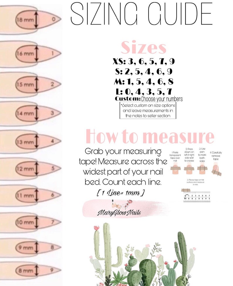 May include: A sizing guide for artificial nails, with a chart showing different nail sizes in millimeters and corresponding sizes labeled XS, S, M, L, and Custom. The guide also includes instructions on how to measure your nail bed using a measuring tape.