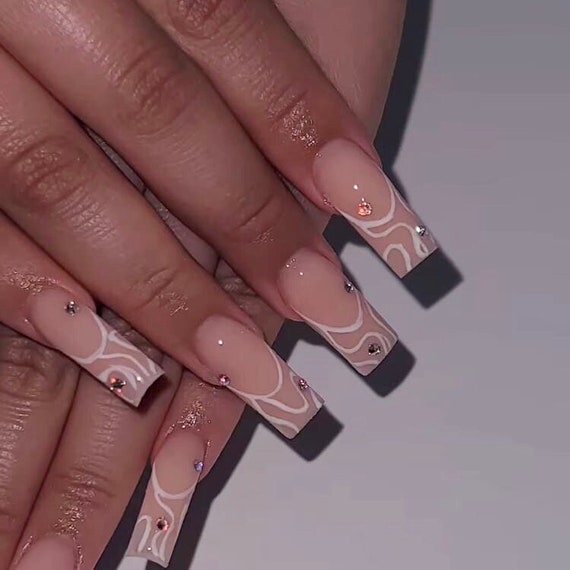 Sairah-press on Nails-french Bling Nails-french Nails-luxury Press  Ons-coffin Nails-white Nails-rhinestones Nails-glue on Nails-cute Nail 