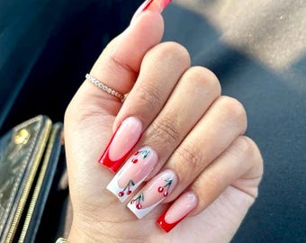Red Cherry French Press on nails-luxury nails cute  nails-nail art medium nails-short long nails-glue on nails-aesthetic nails- red nails