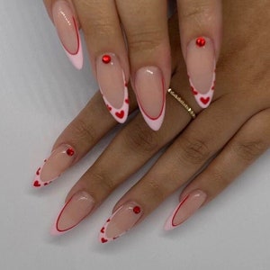 LOVELY- vday nails-press ons-luxury nails-gel x nails-gel nails-heart nails-french press ons-medium almond nails-valentines nails