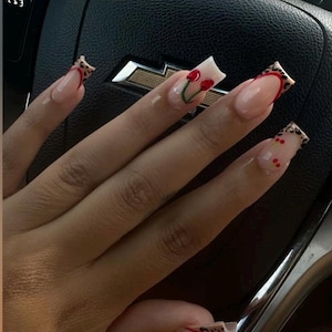 Leopard French-Press on nails-luxury nails-leopard print nails-nail art-cherry nails-short medium nails-glue on nails-aesthetic nails French