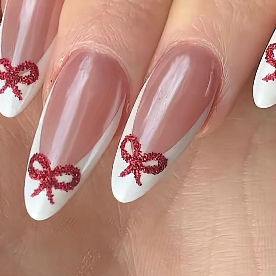 French Red Bows Press on nails-luxury nails-white French nails-nail art-nails with bows-short long nails-glue on nails-aesthetic nails