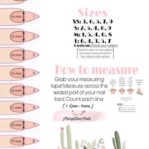 May include: Sizing guide for press-on nails with a chart showing different nail sizes in millimeters and corresponding sizes in XS, S, M, L, and custom. The guide also includes instructions on how to measure your nails using a measuring tape.