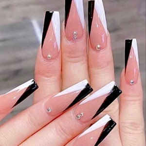 KIMA- white and black nails-glue on nails-French nails-aesthetic nails-long nails-luxury nails-classic nails-simple nails