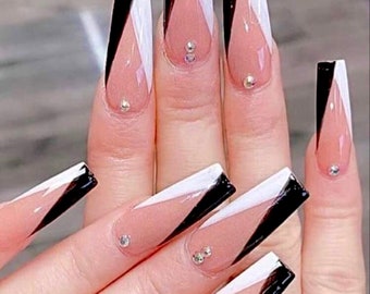 KIMA- white and black nails-glue on nails-French nails-aesthetic nails-long nails-luxury nails-classic nails-simple nails