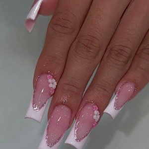 NATALIA-Press on nails-luxury nails-white nails-nail art-nails-short long nails-glue on nails-aesthetic nails- flower nails-French and flowe
