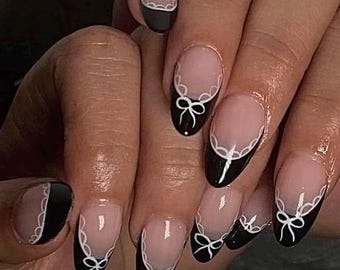 Cutetsy-Press on nails-luxury nails-black French  nails-nail art-cute nails-short long nails-glue on nails-aesthetic nails-bow nails-gifts