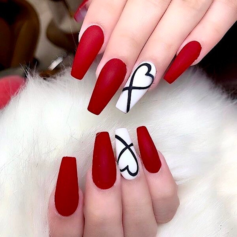 SOULMATE-Valentines day nails-heart nails-red nails-long short nails-press ons-luxury nails-special occasion nail sets-glue on fake nails image 1