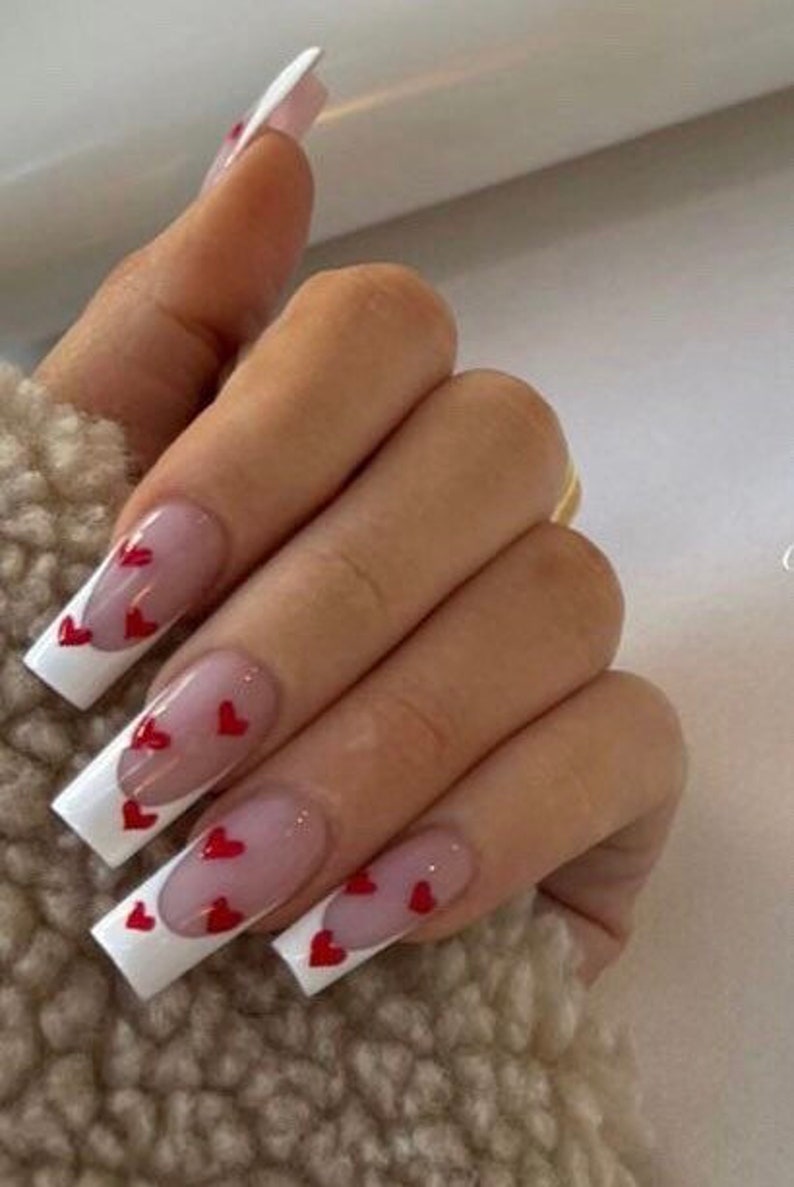 FRENCHIE Likes to KISS French nails-press on nails-velntines day nails-luxury nails-glue on nails-fake nails-long nails image 1