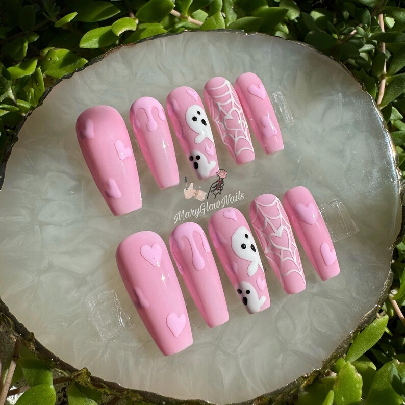 PINK Boo-press in Nails-luxury Nails-boho Nails-nail Art-handmade Nails ...