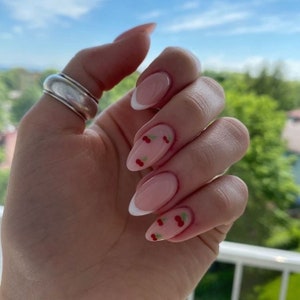 French nails, press on nails, cherry nails, luxury nails-glue on nails, reusable nails, almond nails, short medium nails, short press ons