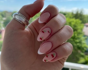 French nails, press on nails, cherry nails, luxury nails-glue on nails, reusable nails, almond nails, short medium nails, short press ons