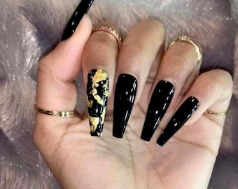 LETS GO OUT- Luxury nails-black nails-glue on nails-long short nails-gold foil nails-gel x nails-uñas negras