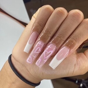U HAVE MY HEART-press on nails-French nails designs-long square nails-luxury nails-gel press ons-pink and white nails, short nails