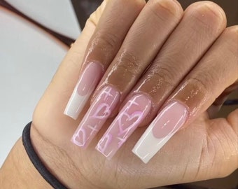 U HAVE MY HEART-press on nails-French nails designs-long square nails-luxury nails-gel press ons-pink and white nails, short nails